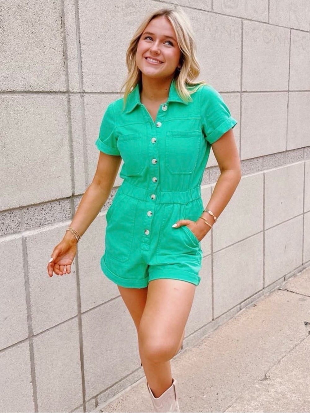 Show Me Your MuMu Bright Green Short-Sleeve Utility Romper